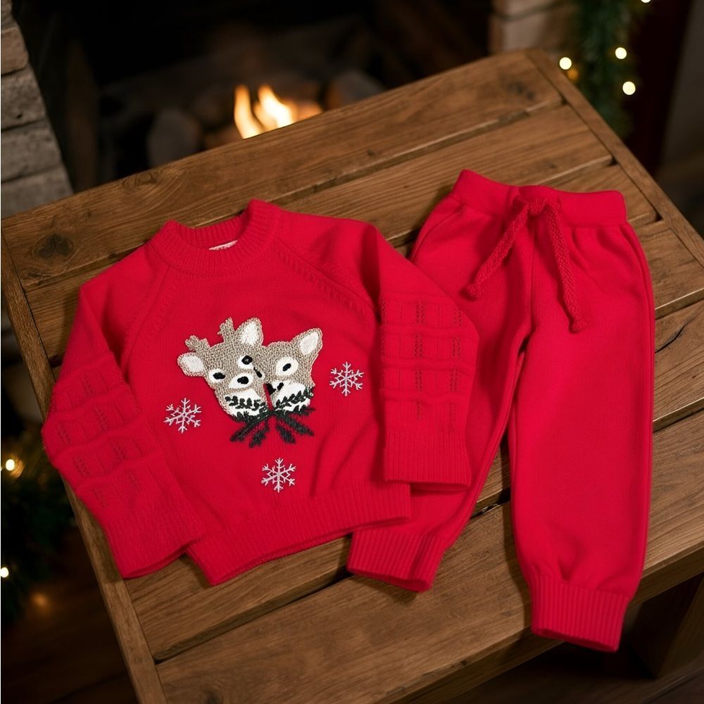 Red Kids Sweater and Joggers set with Cute Animal Design Christmas